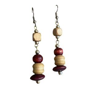 Vintage Gold Tone Wood Bead Dangle Earrings Hooks Natural Boho Earthy 3"